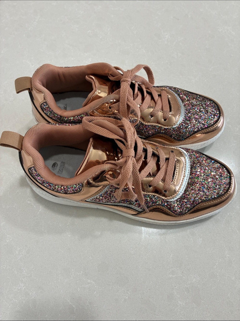 Women's Rose Gold Glitter Platform Lace-Up Sneakers